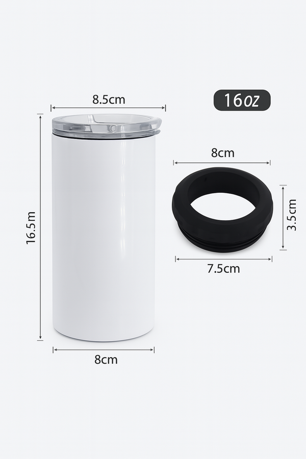 16oz 4-in-1 Sublimation Can Cooler with 2 Lids – White Stainless Steel