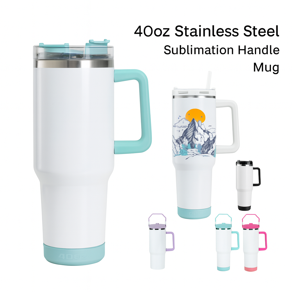 40 oz White Sublimation Speaker Mug – Stainless Steel, Insulated Tumbler with Lid, Handle & Steel Straw