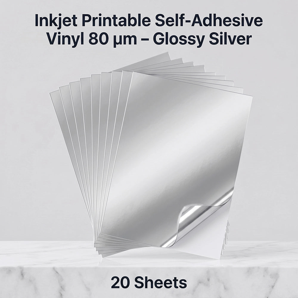 Self-Adhesive Inkjet Printable Vinyl Shiny Silver 80 µm | 20 Sheets