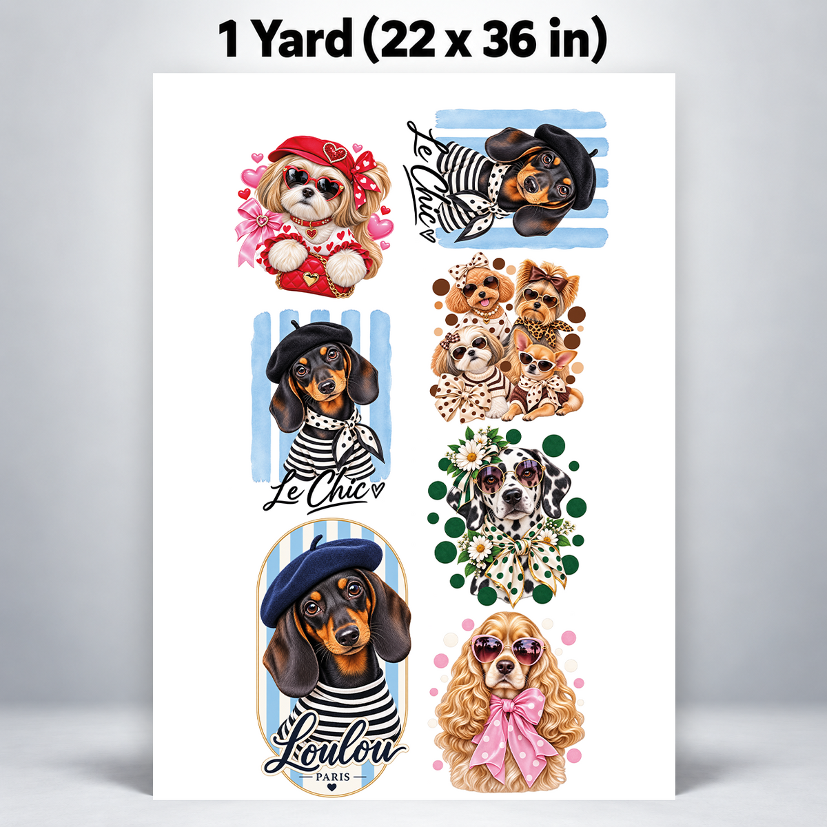 Printed DTF Sheets by Yards - Cute Fashion Dogs, Coquette & Parisian Chic Designs