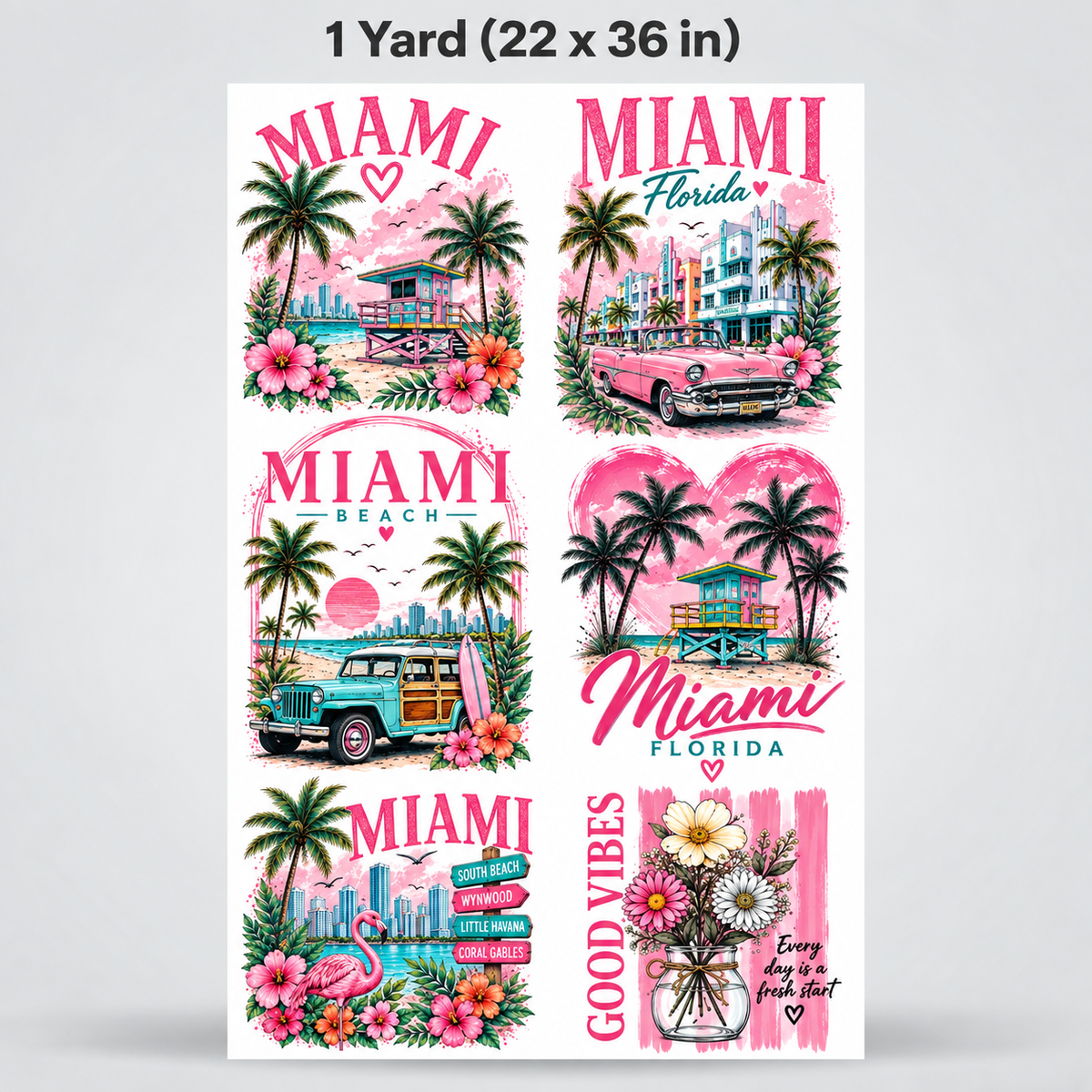 Printed DTF Sheets by Yards - Retro Miami Tropical DTF Transfers – Florida Beach & Good Vibes Collection