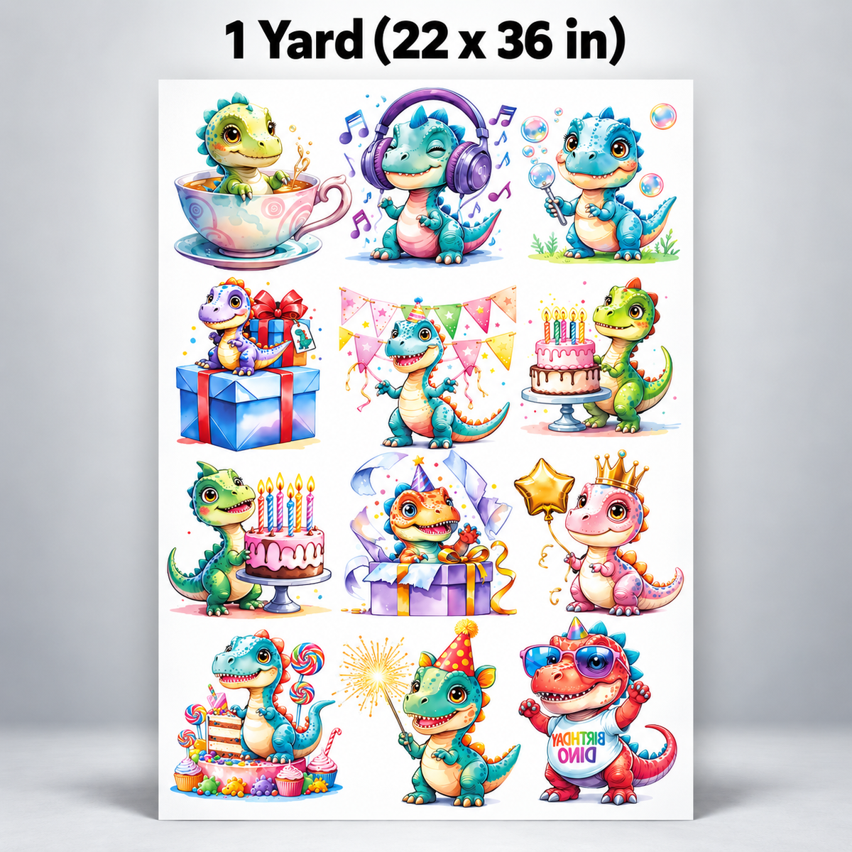 Printed DTF Sheets by Yards - Cute Birthday Dinosaurs