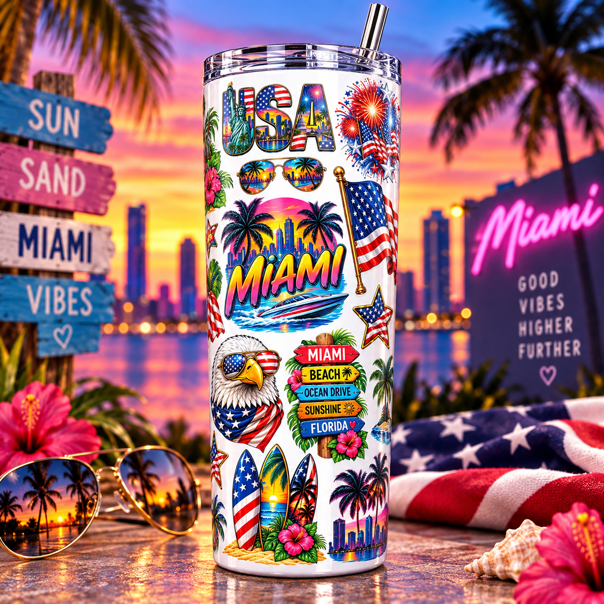 UV DTF Sticker Pack - USA x Miami – American Flag, Beach & Florida Vibes