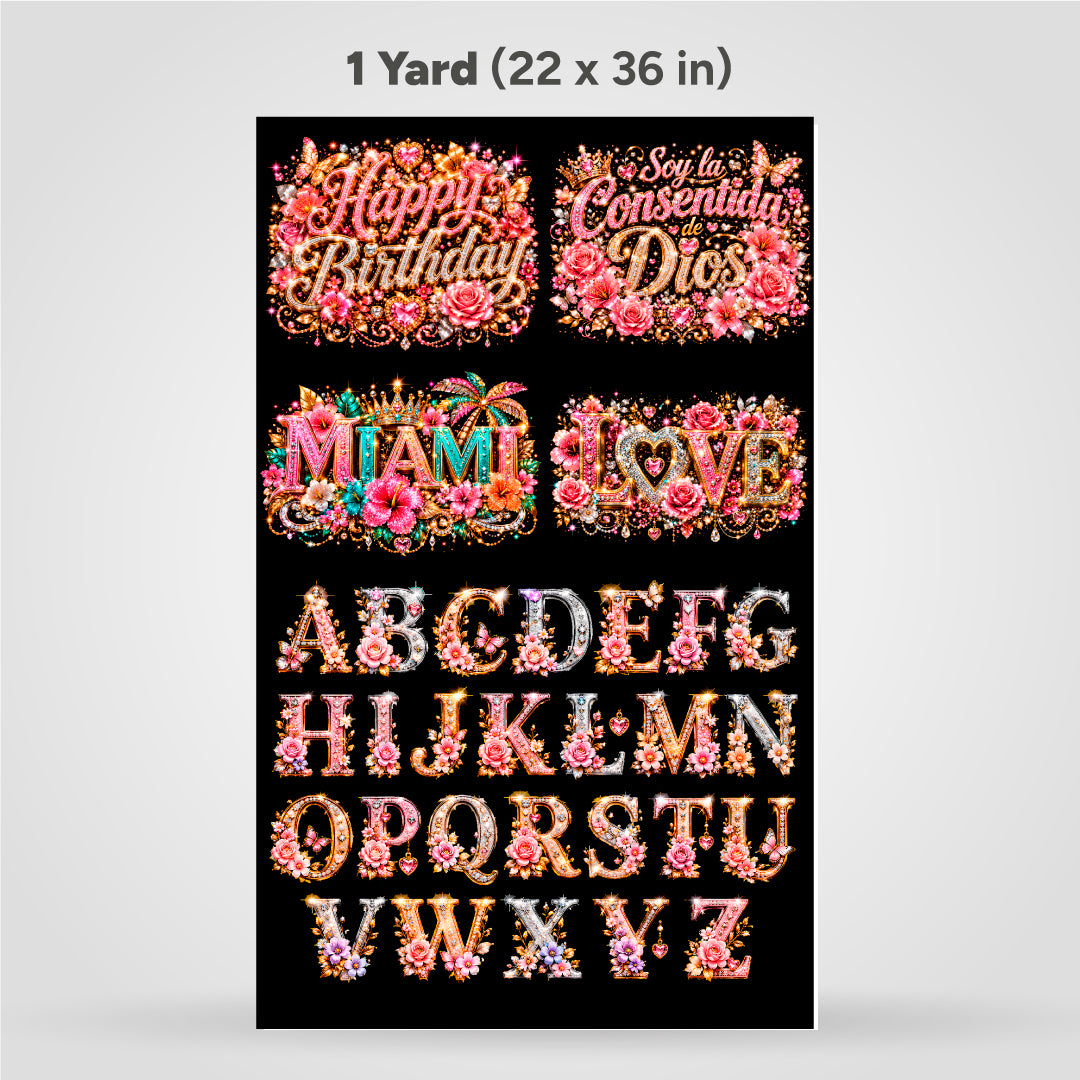 Printed DTF Sheets by Yards - Sparkle & Roses Collection | Floral Alphabet & Girly Designs
