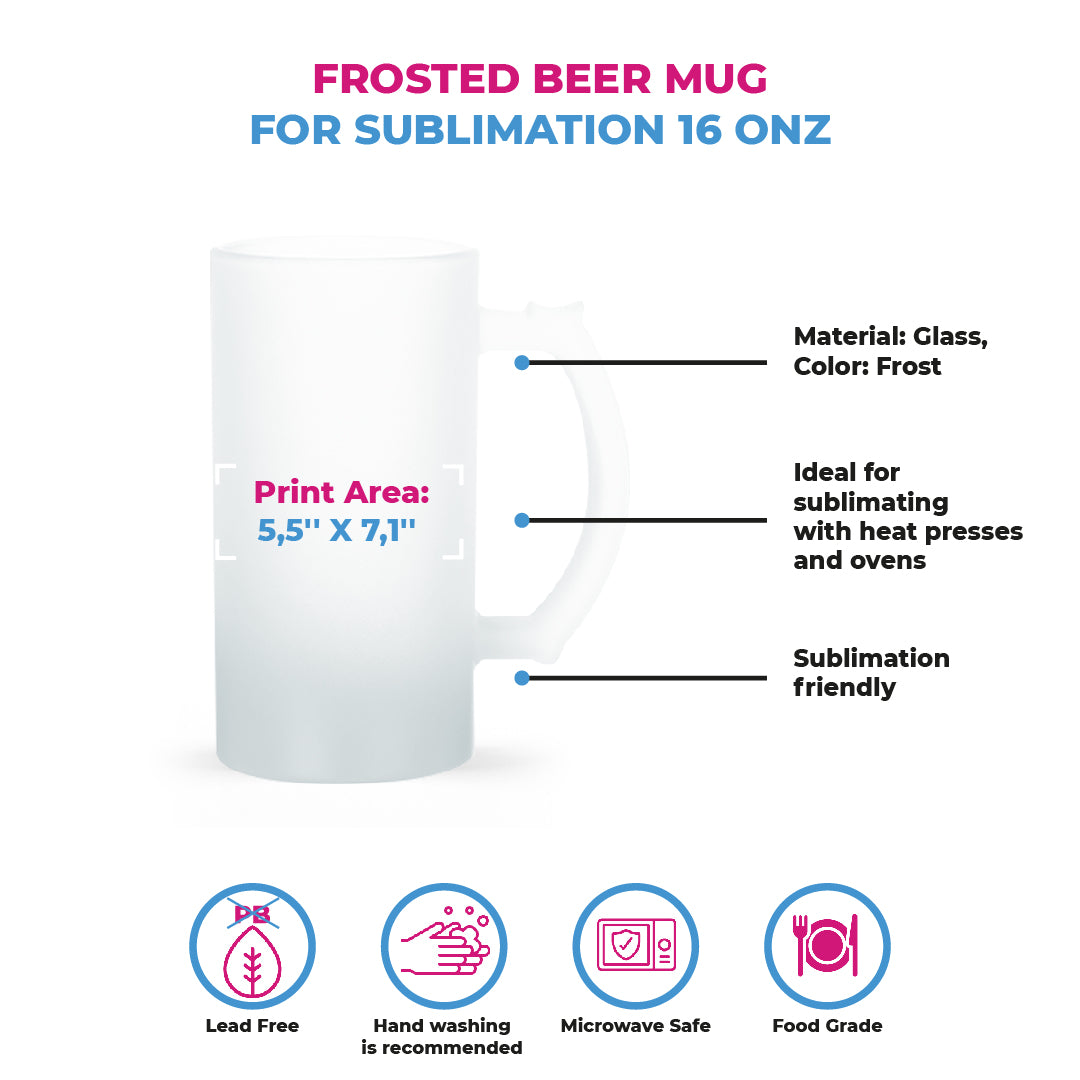 Frosted Beer Mugs for Sublimation 16 oz  Add your Photo Text or Graphic Design on Personalize Beer Mug. (Box of 6, 12 and 34 units)