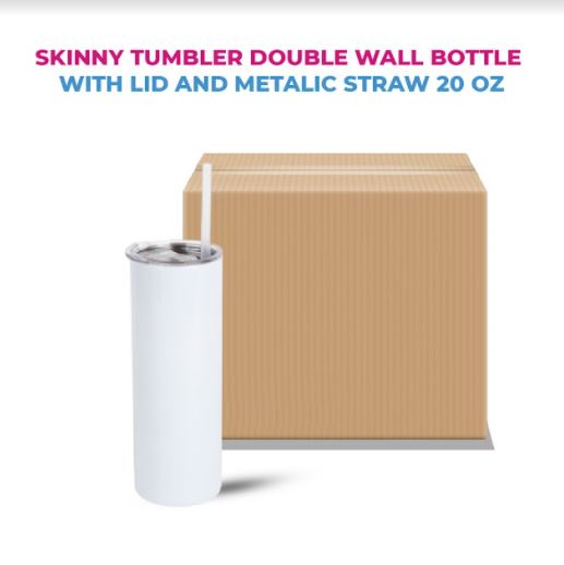 Skinny Tumbler Double Wall Bottle With Lid and metalic straw 20 Oz. (Box of 6,12,36)
