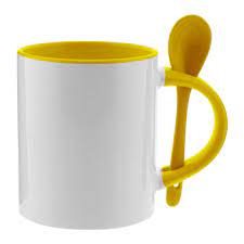 Yellow mugs inside and colored spoon for sublimation 11 oz (box of 12 and 36 units)