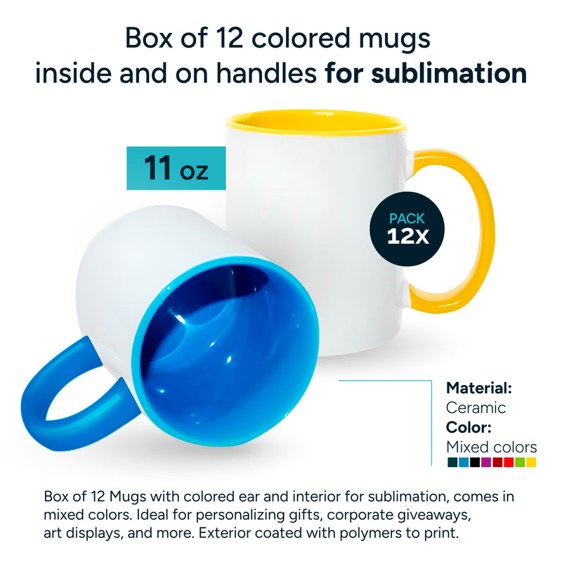 Box of 12 colored mugs inside and on handles for sublimation 11 oz SP