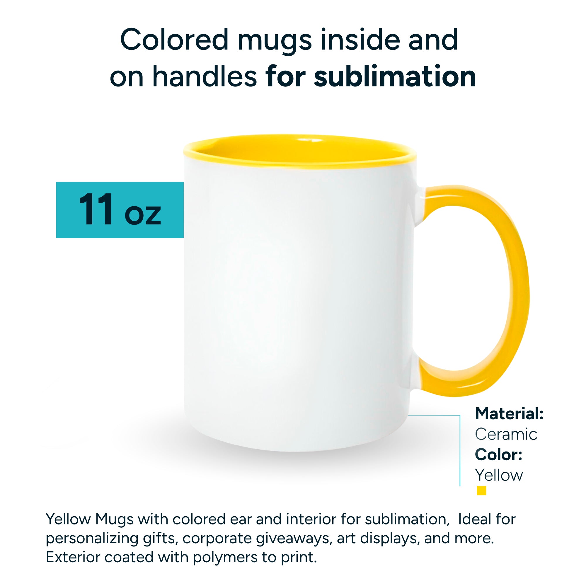 Yellow mugs inside and on handles for sublimation 11 oz (box of 12 and 36 units)