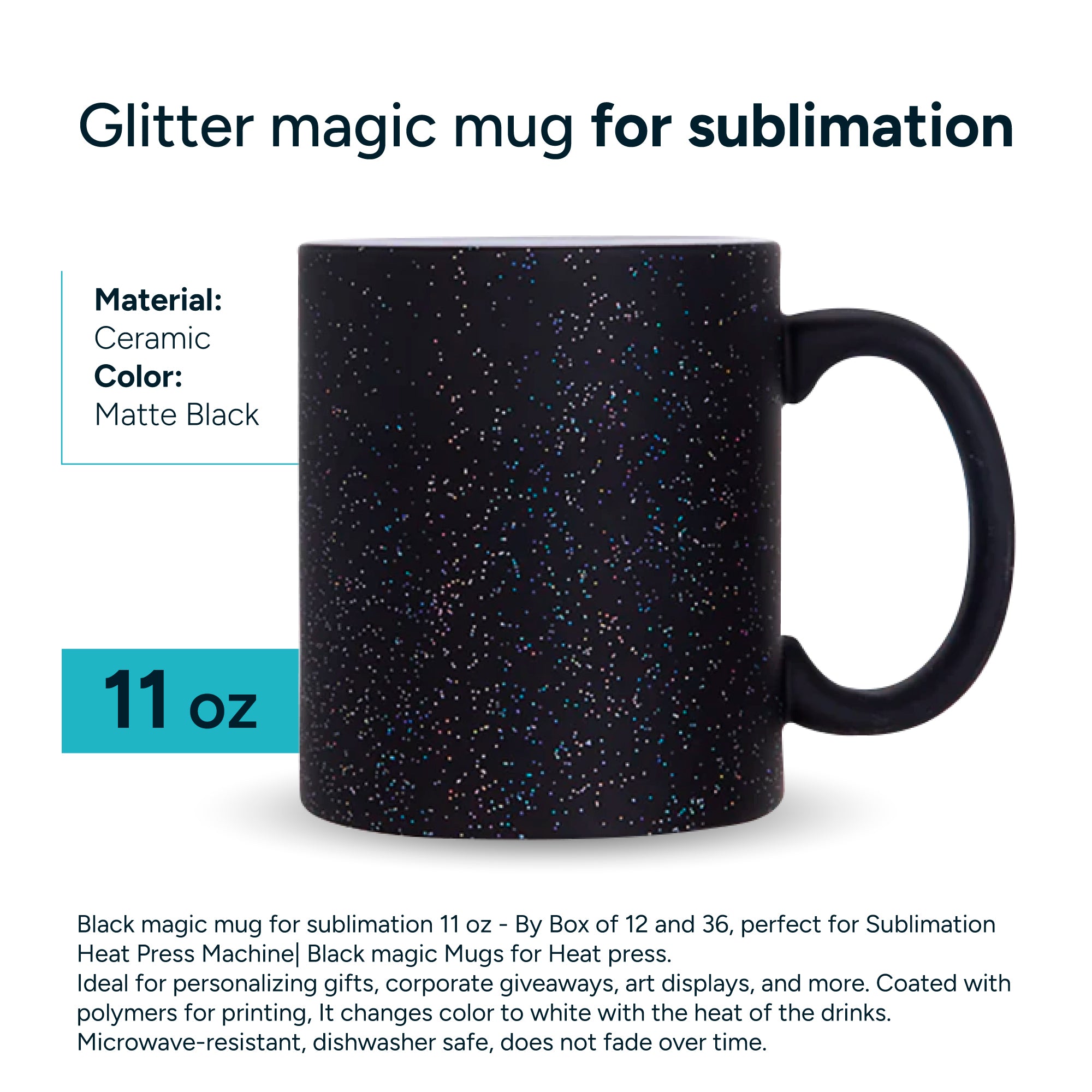 Glitter Black magic mug for sublimation 11 oz - By Box of 12 and 36