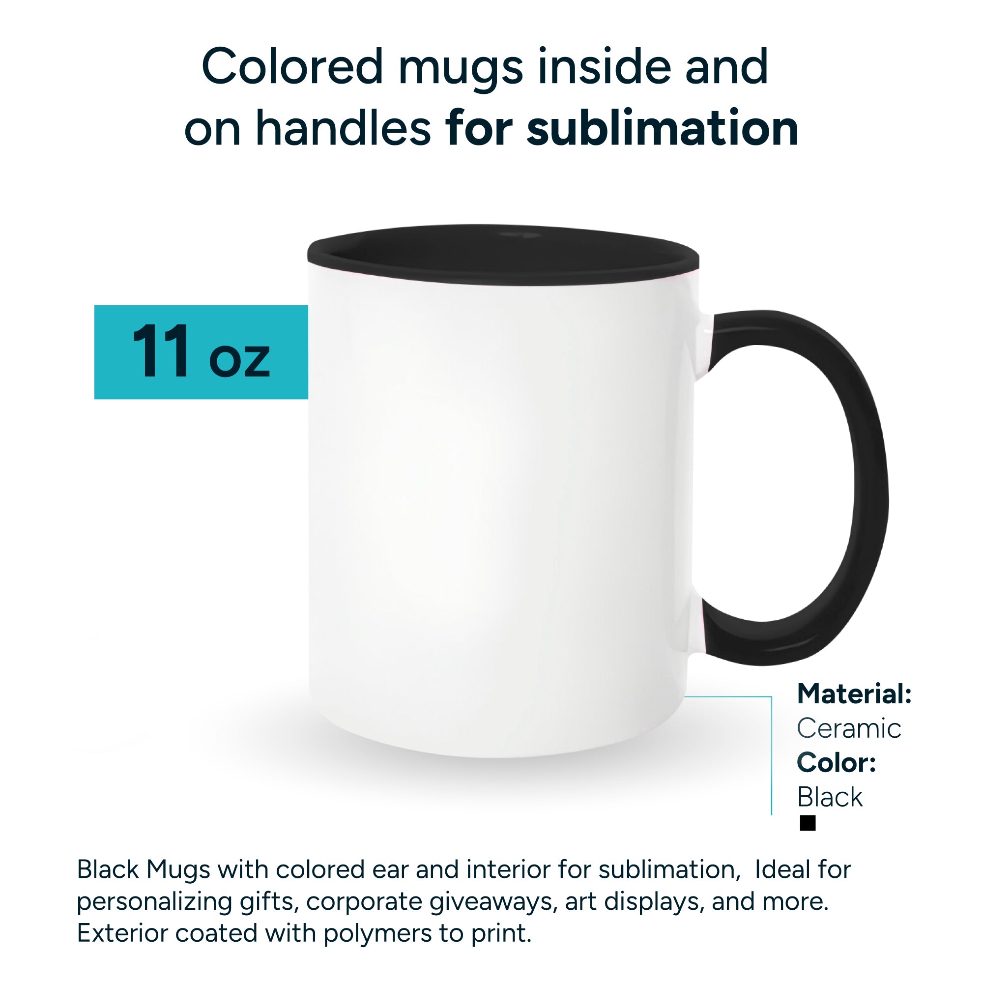 Black mugs inside and on handles for sublimation 11 oz (box of 12 and 36 units)