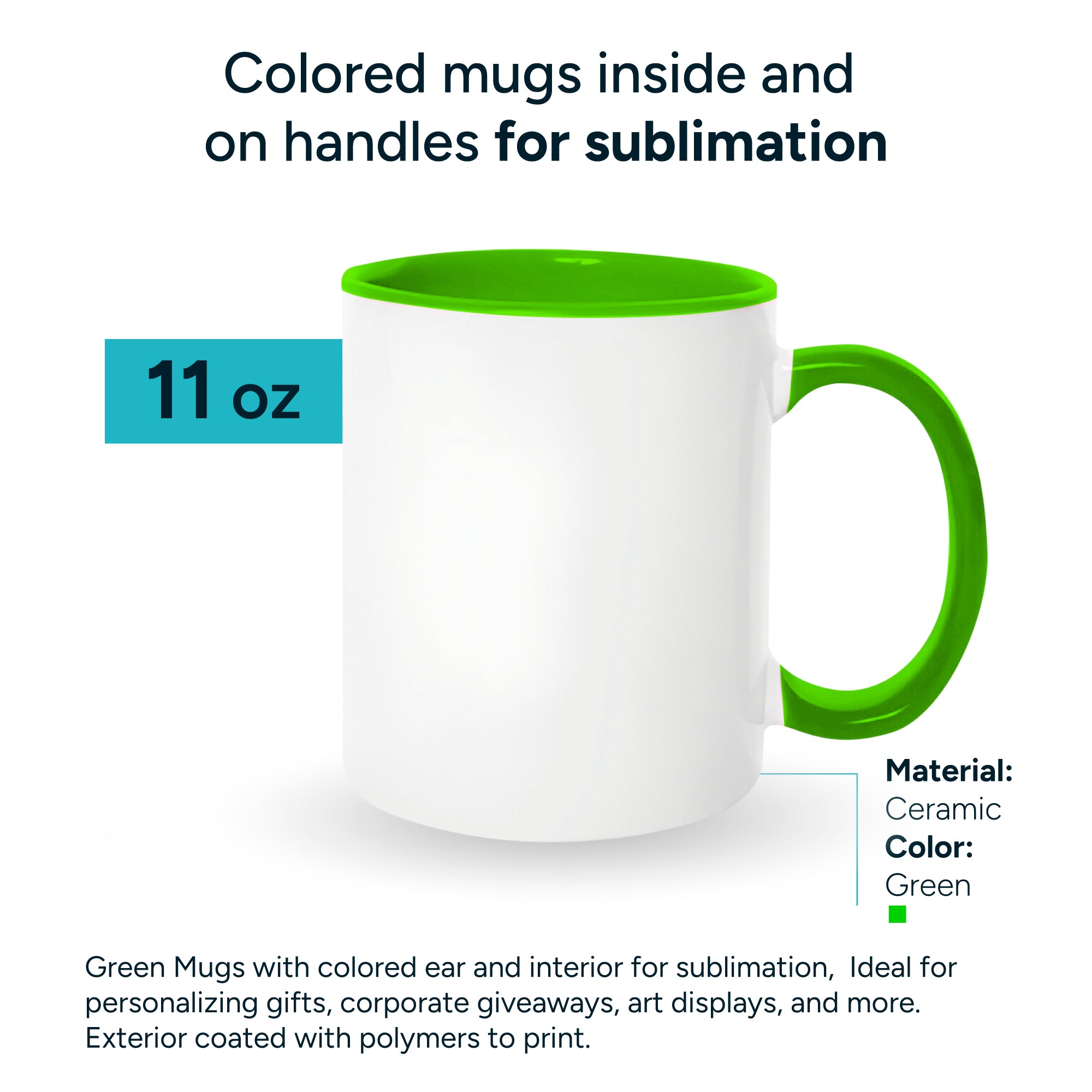 Light green mugs inside and on handles for sublimation 11 oz (Unit, box of 12 and 36 units)