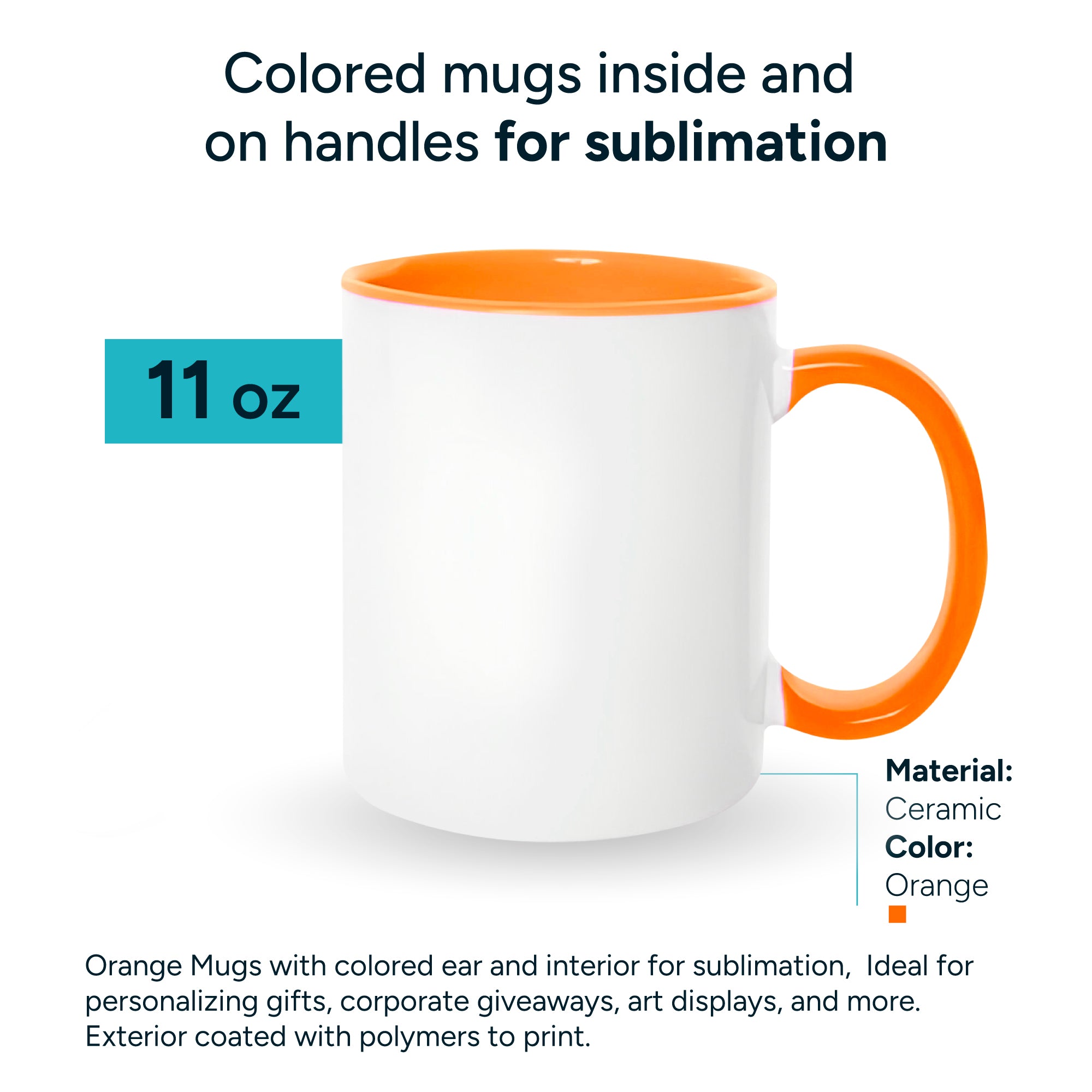 Orange mugs inside and on handles for sublimation 11 oz (box of 12 and 36 units)