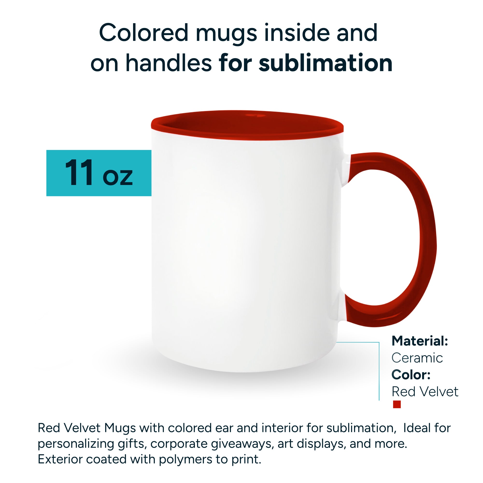 Red velvet mugs inside and on handles for sublimation 11 oz (box of 12 and 36 units)