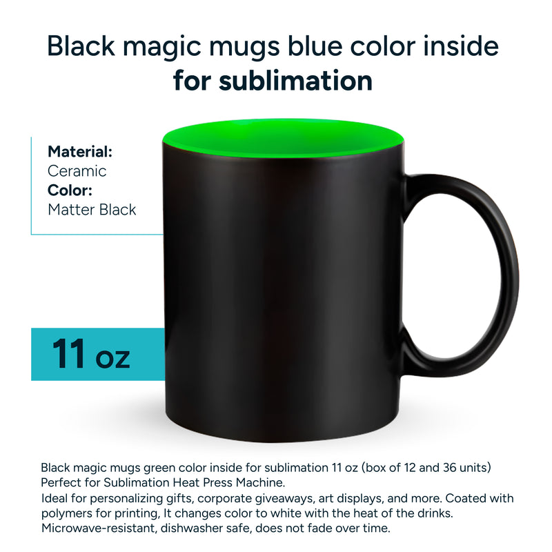 Black magic mugs green-color inside for sublimation 11 oz (unit, box of 12 and 36 units)