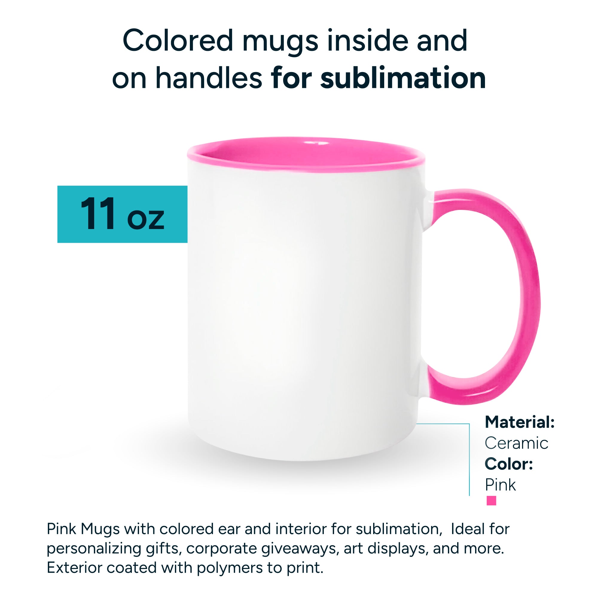 Pink mugs inside and on handles for sublimation 11 oz (box of 12 and 36 units)