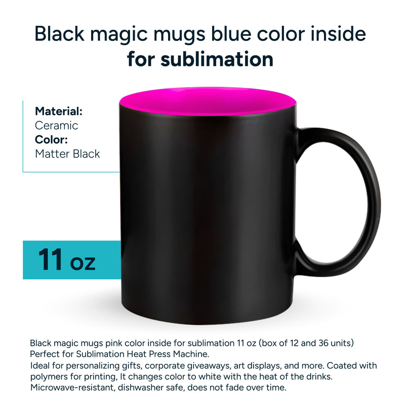 Black magic mugs pink-color inside for sublimation 11 oz (box of 12 and 36 units)