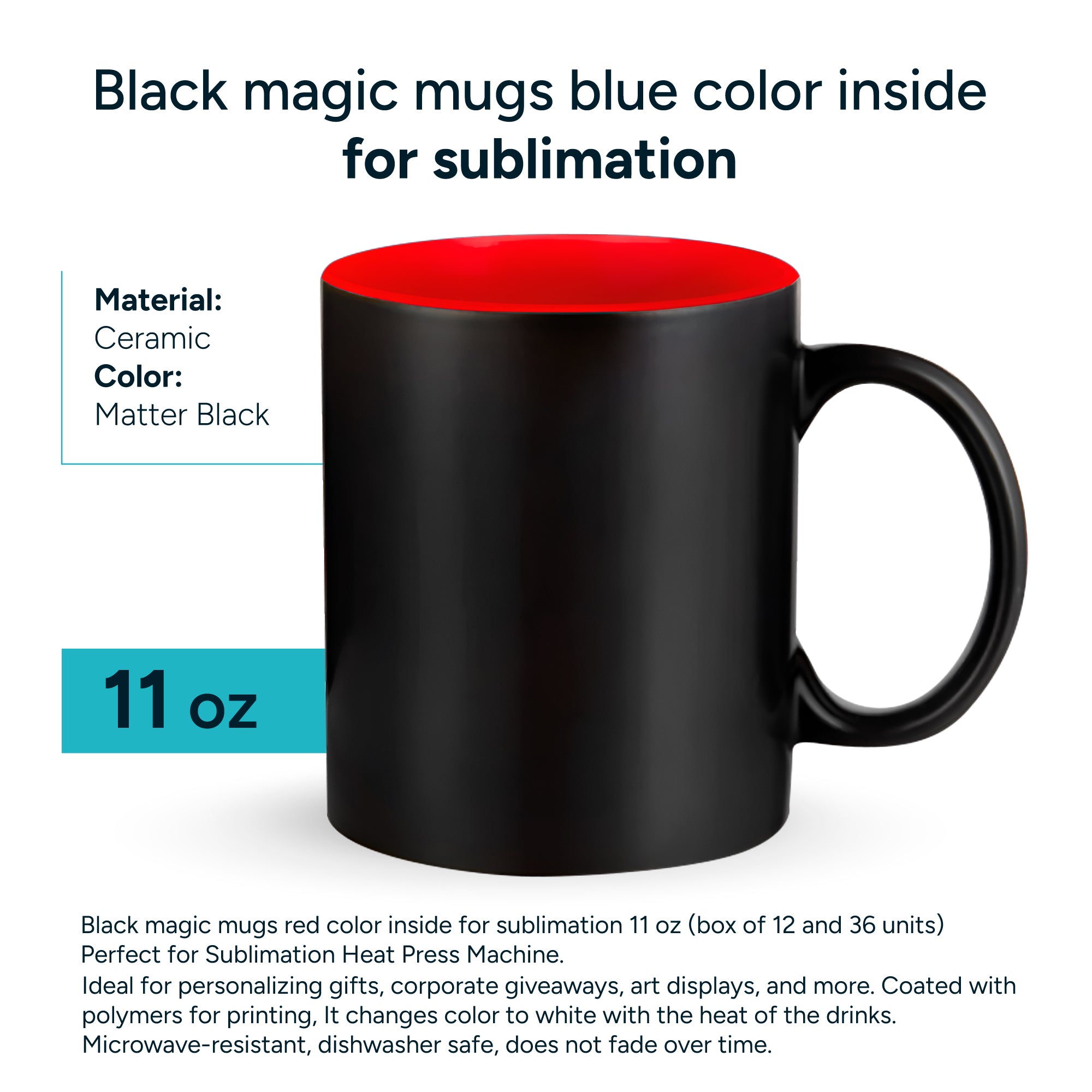 Black magic mugs red-color inside for sublimation 11 oz (box of 12 and 36 units)