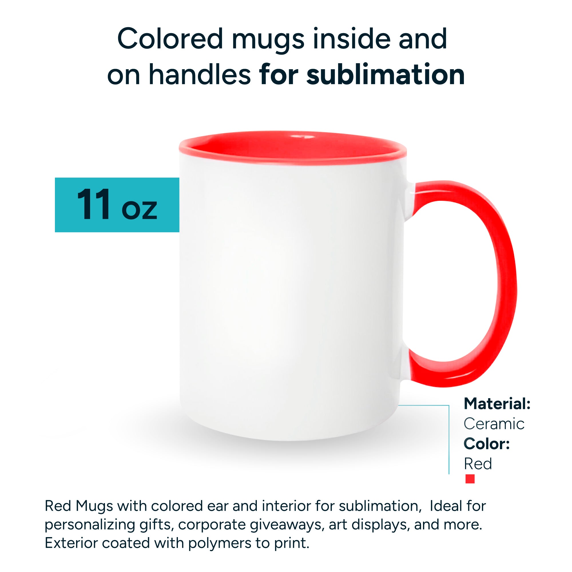 Red mugs inside and on handles for sublimation 11 oz (box of 12 and 36 units)