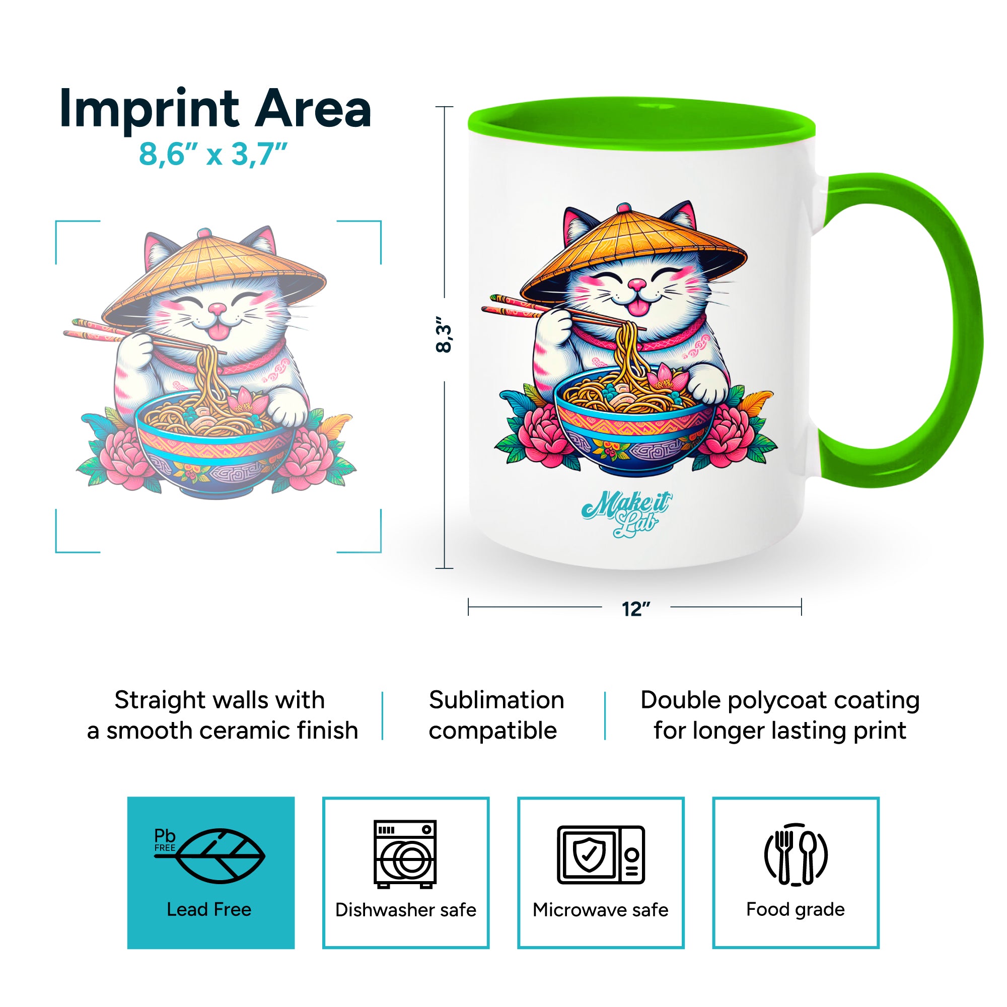 Light green mugs inside and on handles for sublimation 11 oz (Unit, box of 12 and 36 units)