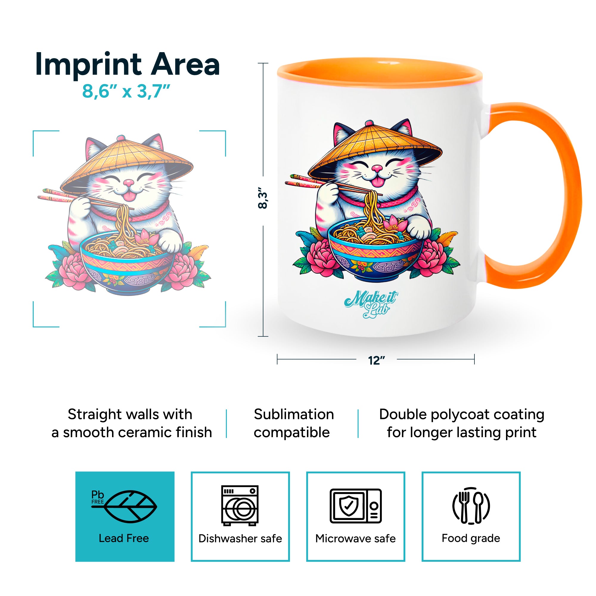 Orange mugs inside and on handles for sublimation 11 oz (box of 12 and 36 units)