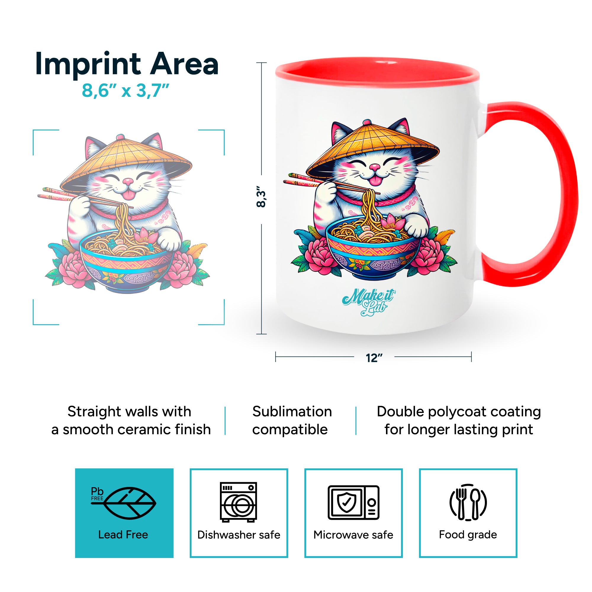 Red mugs inside and on handles for sublimation 11 oz (box of 12 and 36 units)