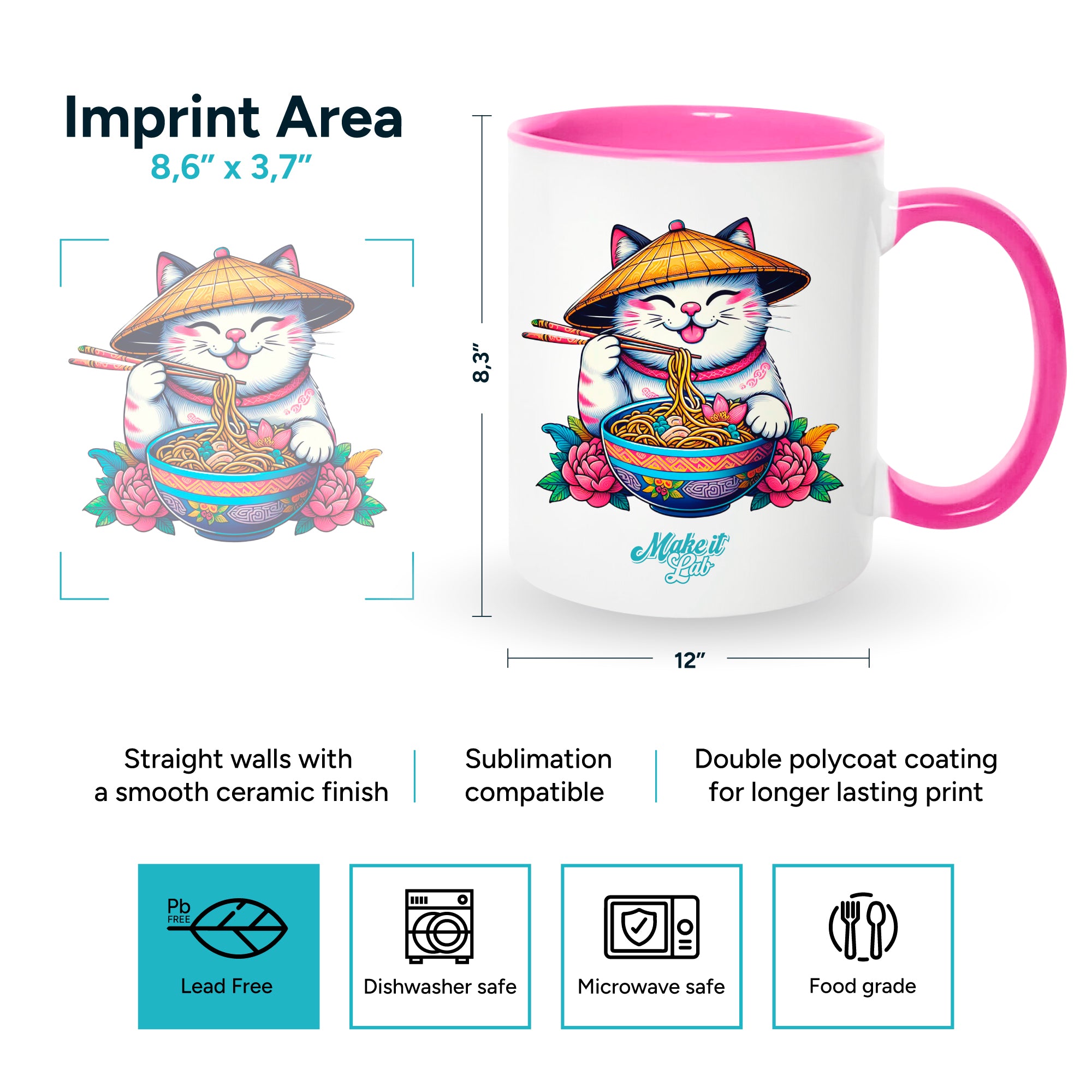 Pink mugs inside and on handles for sublimation 11 oz (box of 12 and 36 units)