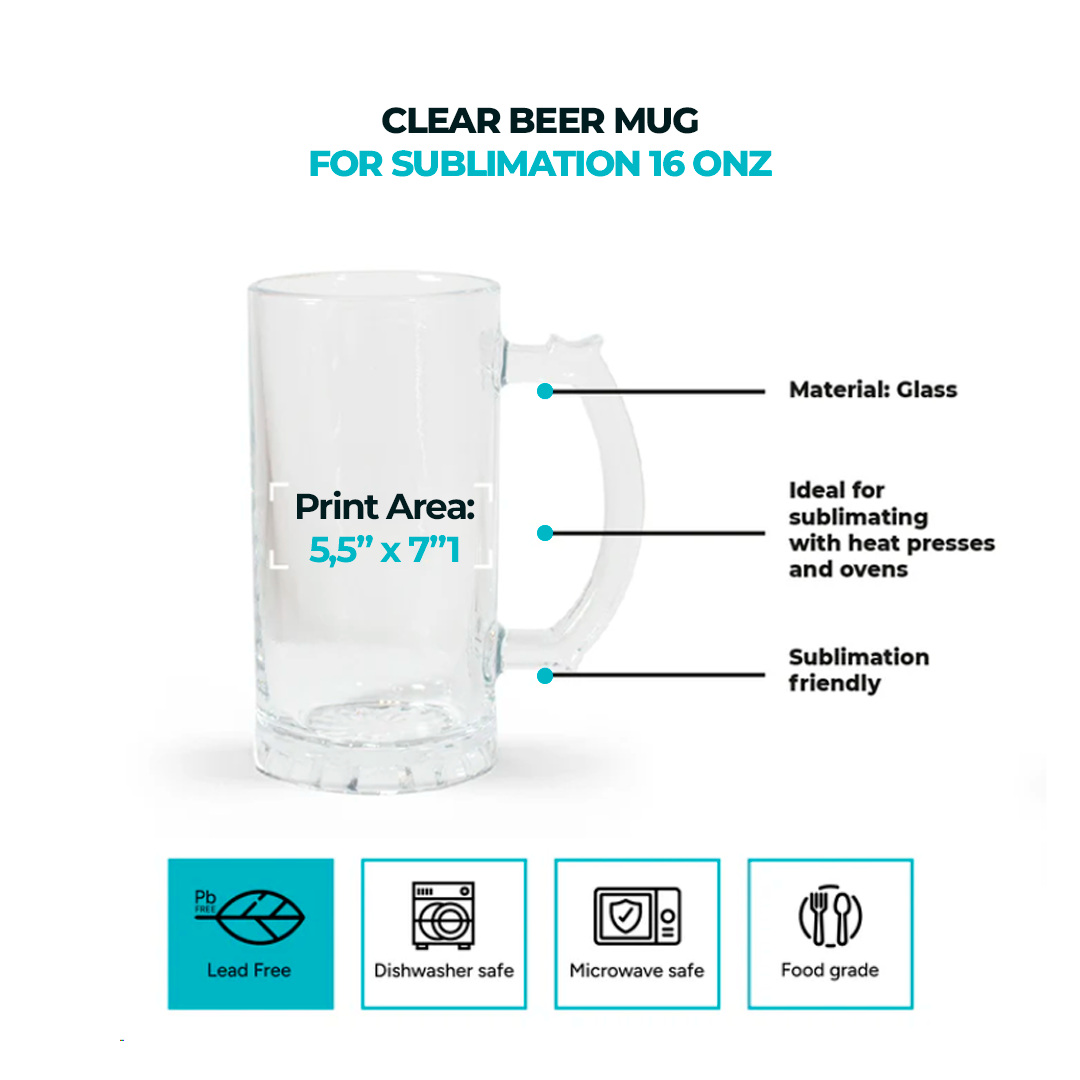 Clear Beer Mugs for Sublimation 16 oz  Add your Photo Text or Graphic Design on Personalize Beer Mug. (Box of 6, 12 and 36 units)