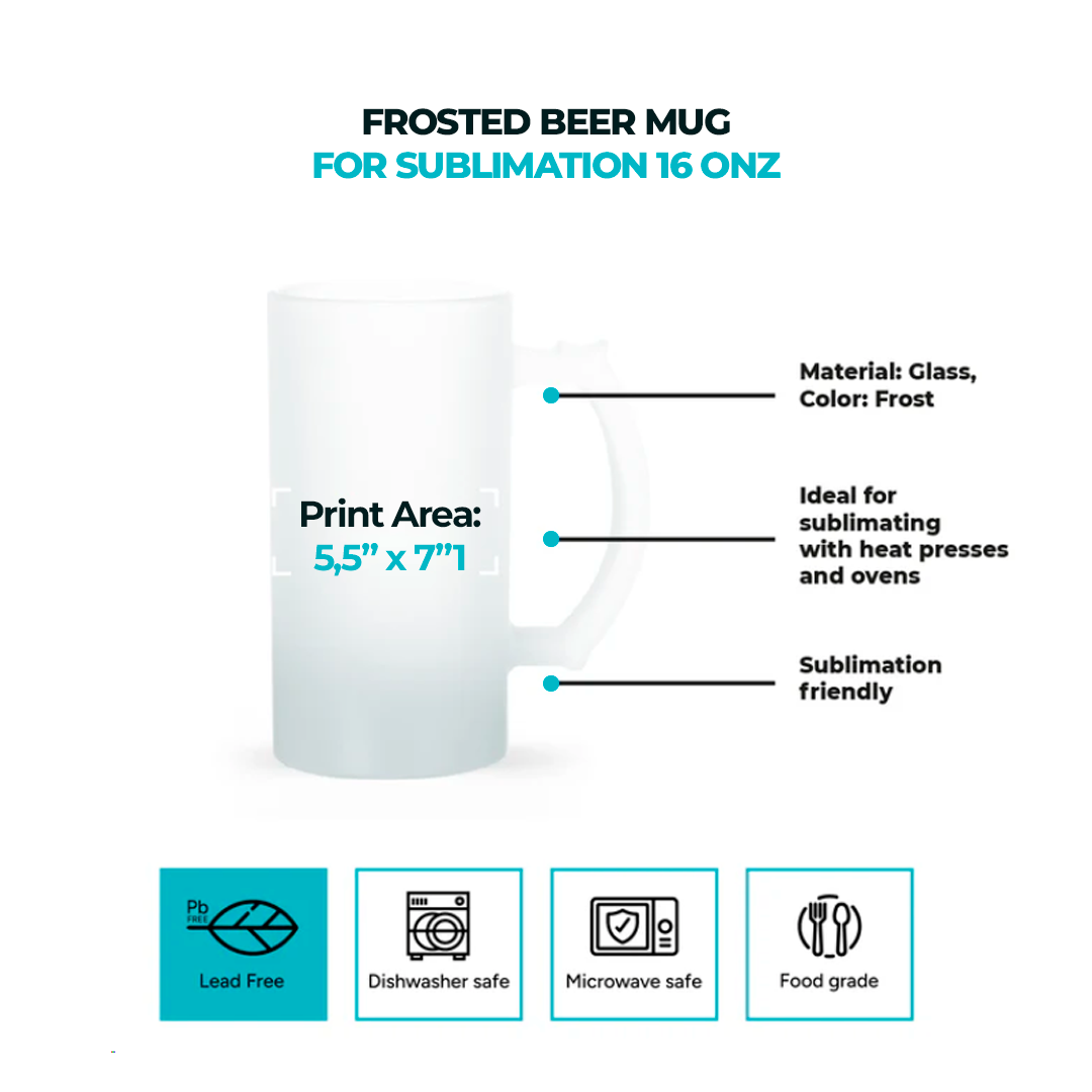 Frosted Beer Mugs for Sublimation 16 oz  Add your Photo Text or Graphic Design on Personalize Beer Mug. (Box of 6, 12 and 34 units)