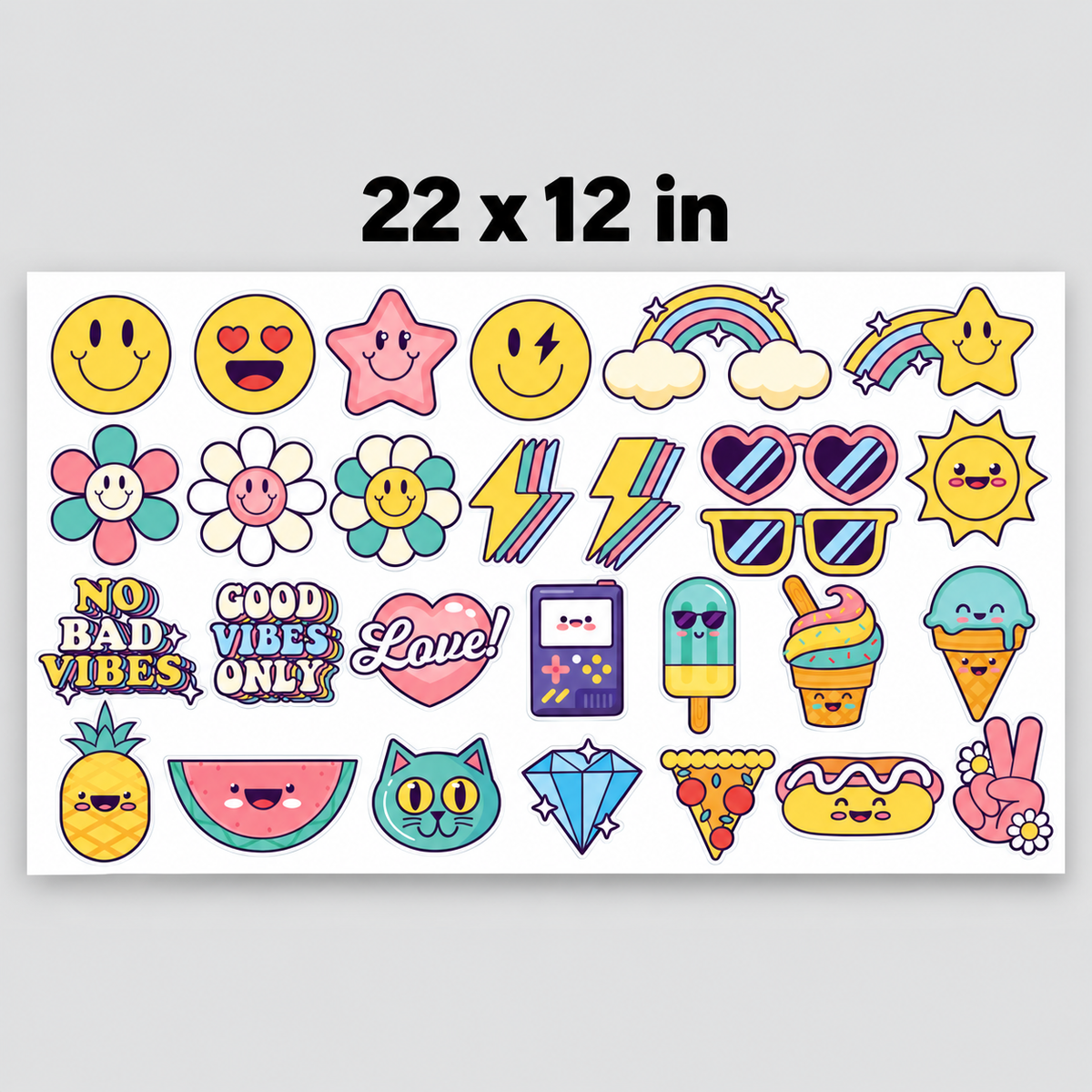 Printed DTF Sheets - Happy Vibes  – Cute Retro Smiley & Kawaii Designs