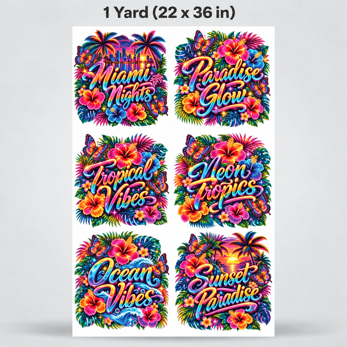 Printed DTF Sheets by Yards - Tropical Neon Vibes | Miami Paradise Collection