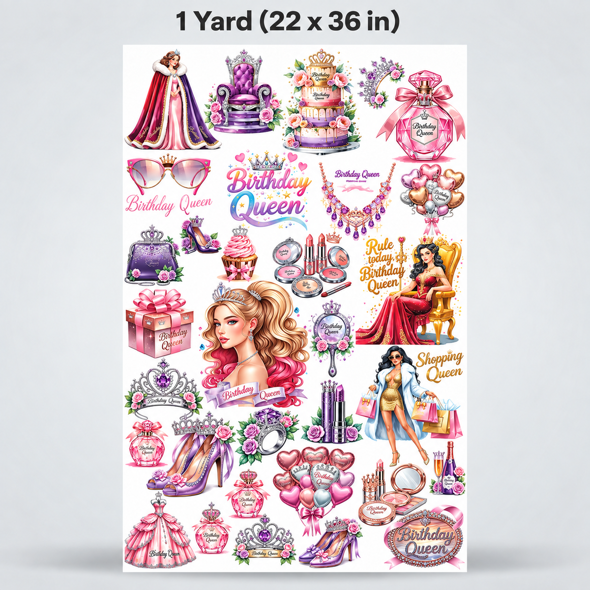 Printed DTF Sheets by Yards - Birthday Queen Glam