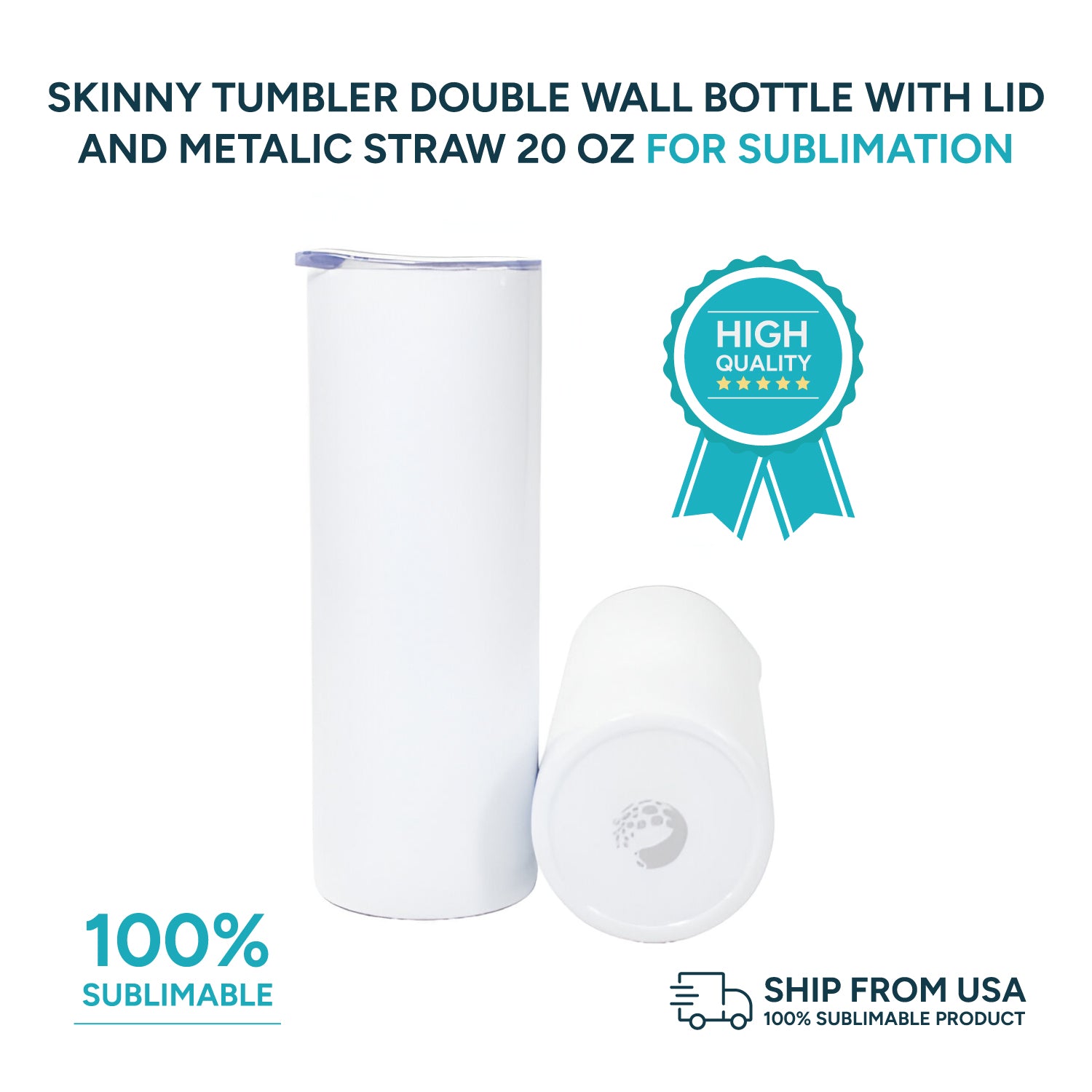 Skinny Tumbler Double Wall Bottle With Lid and metalic straw 20 Oz. (Unit and Box of 6,12,36)