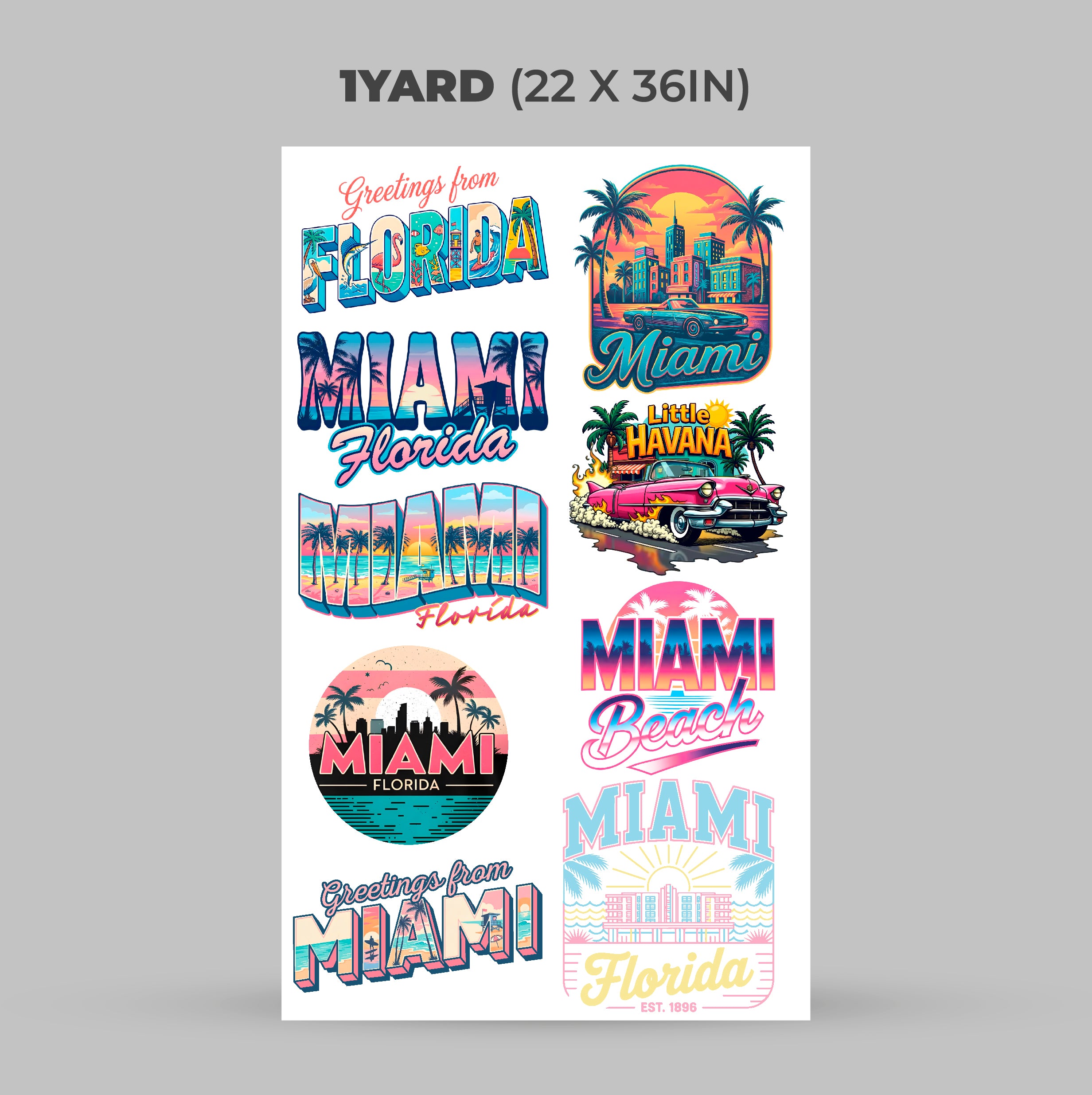 Printed DTF Sheets by Yards - Miami Florida DTF Transfers – Retro Tropical Beach & Vintage Designs