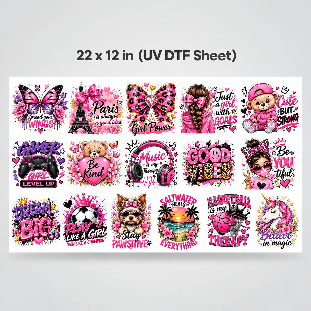 UV DTF Sticker Pack -  Girly Pink Vibes - Cute, Motivational, Gamer & Sport Designs