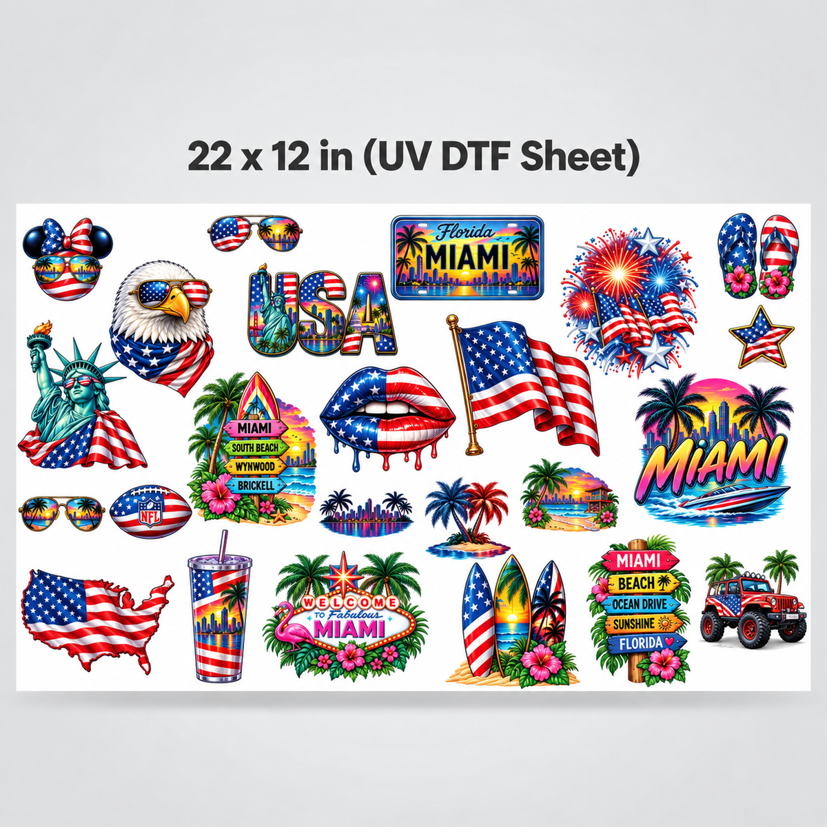 UV DTF Sticker Pack -  USA x Miami – American Flag, Beach & Florida Vibes