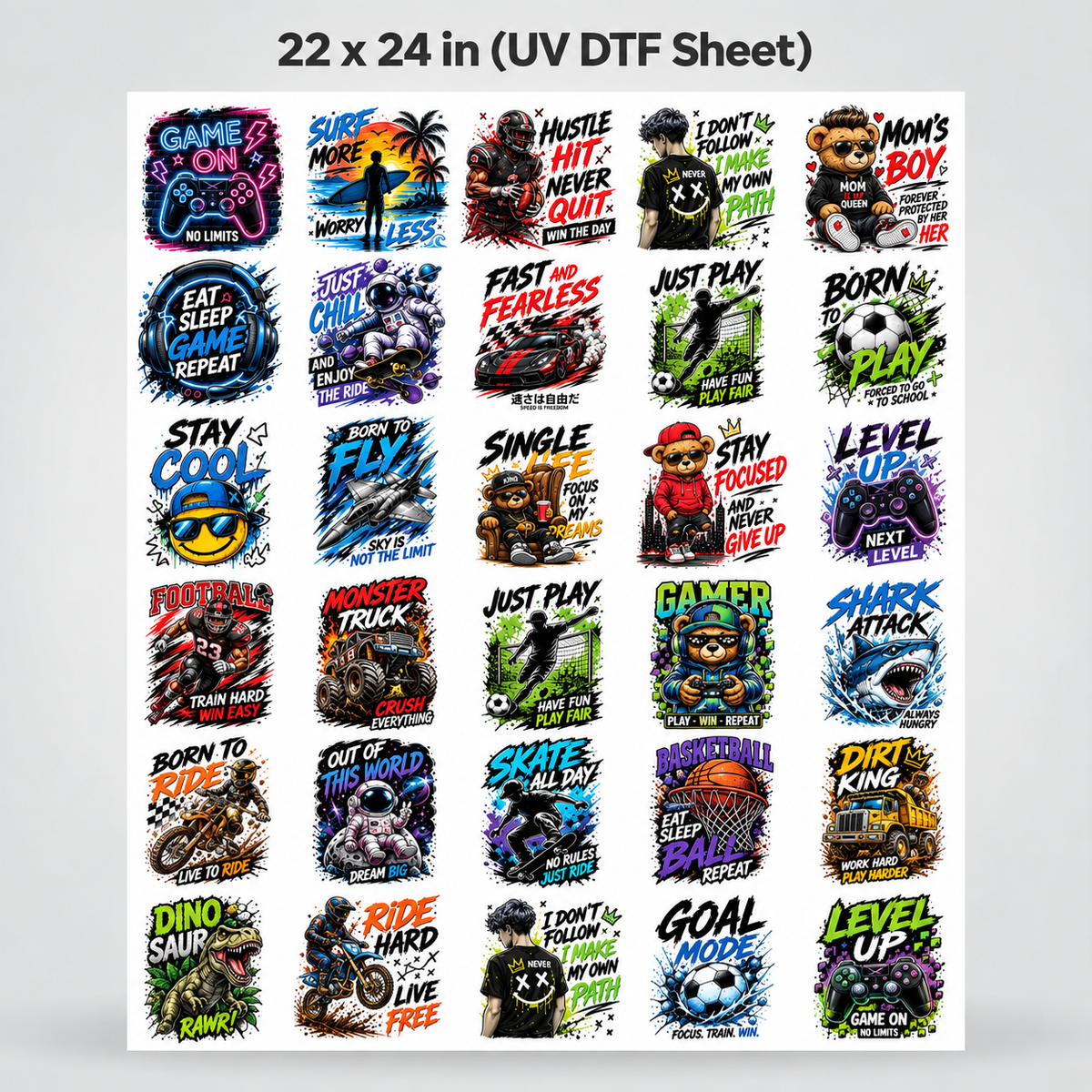 UV DTF Sticker Pack -  Action Boys – Gaming, Racing, Sports & Cool Designs