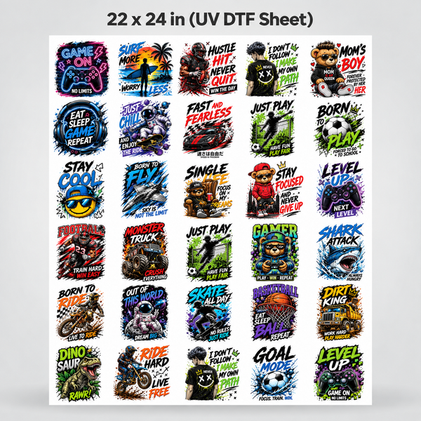 UV DTF Sticker Pack -  Action Boys – Gaming, Racing, Sports & Cool Designs