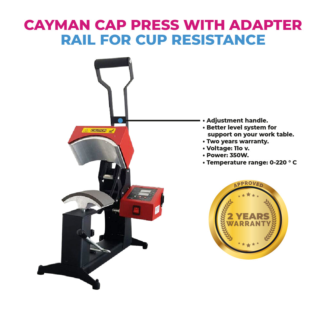 Cayman cap press with adapter rail for cup resistance